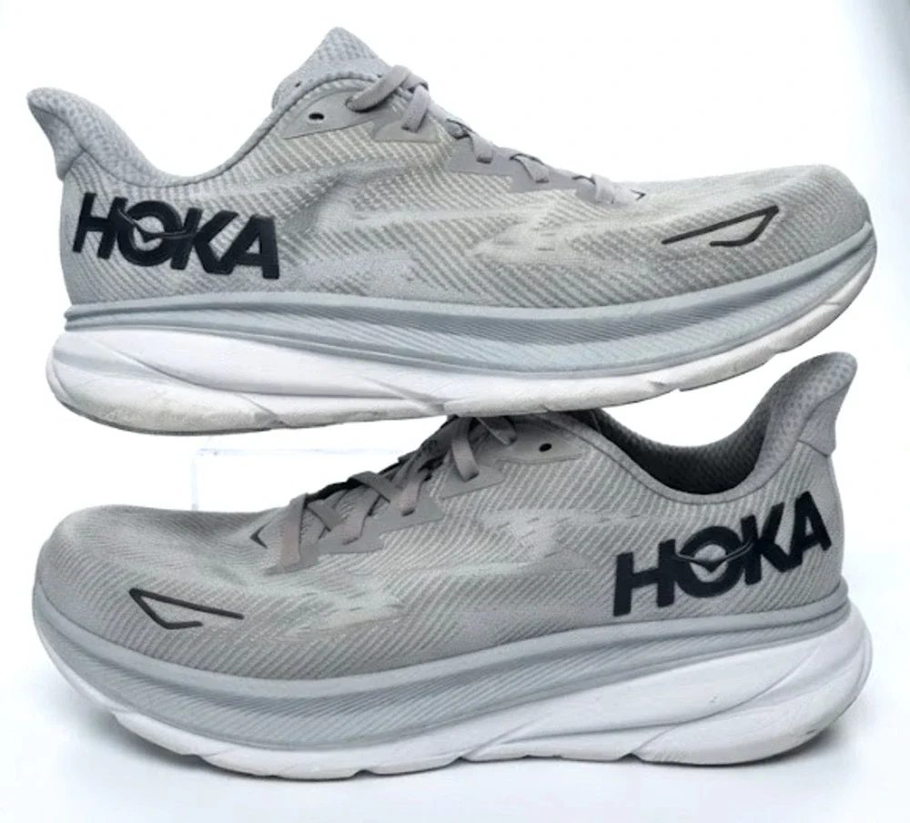 HOKA ONE ONE Clifton 9 Men's Size 12.5 D Running Shoes - Grey / White Pre-Owned